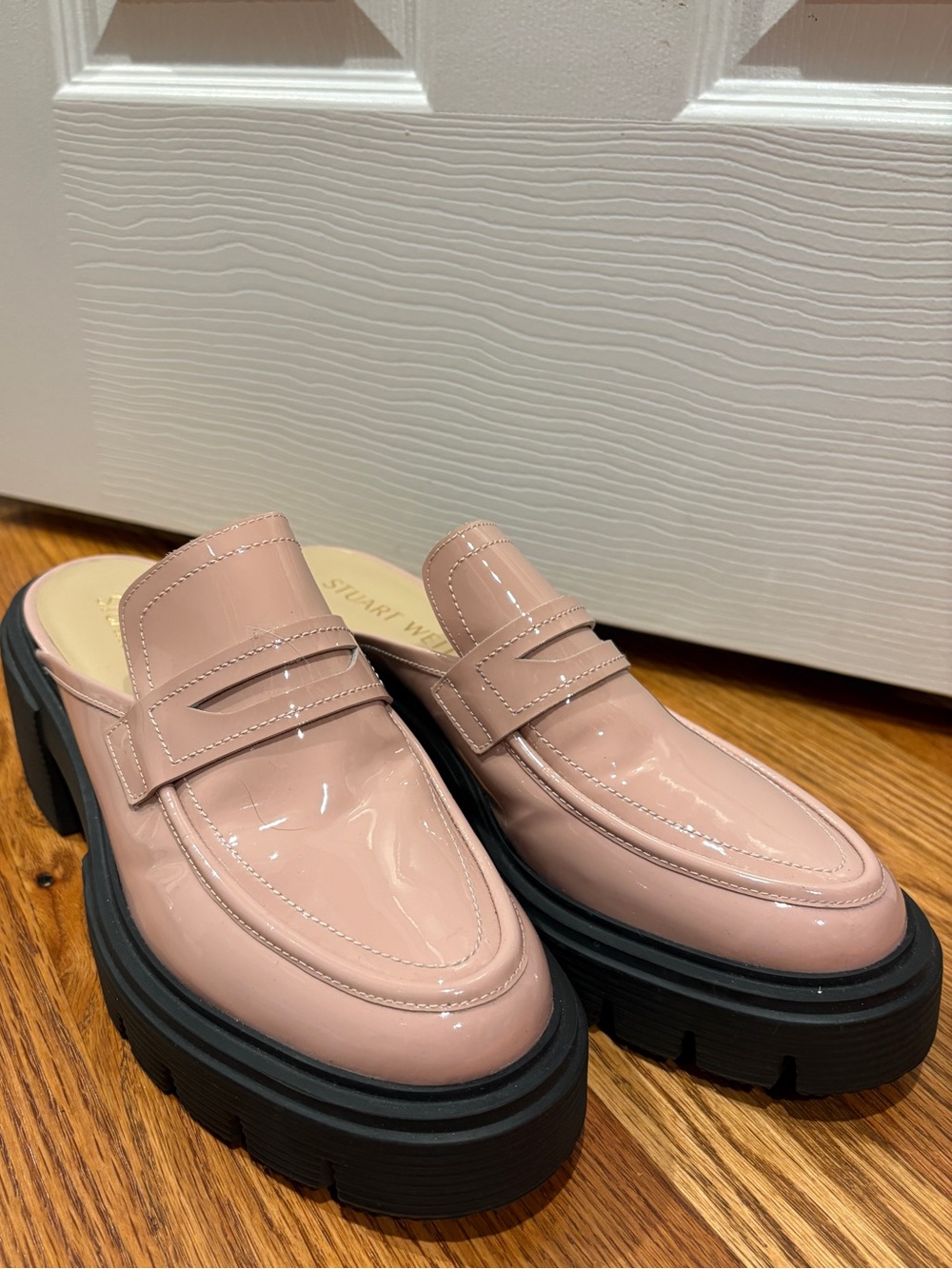 Stuart Weitzman Blush Pink Patent Leather Platform Loafer Mule | NWB | Size 9